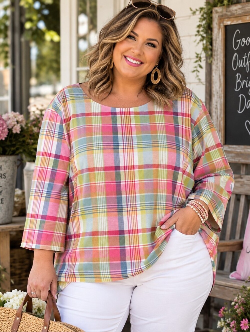 Seasalt Cornwall Riding High Plaid Organic Cotton Top NWT US 20 Plus Size